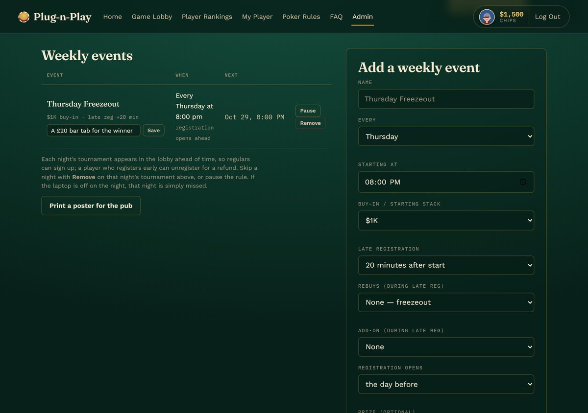 The admin's Weekly events panel: Thursday Freezeout, every Thursday at 8:00 pm, with its prize box and Pause and Remove buttons, beside the form that adds a weekly event.