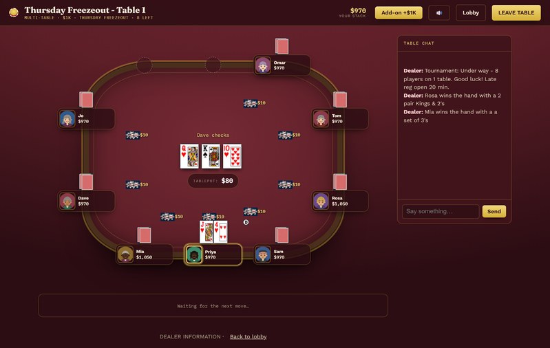 A live eight-player tournament table in the Monte Carlo theme: three community cards on burgundy baize, every player's stack and the dealer chat.
